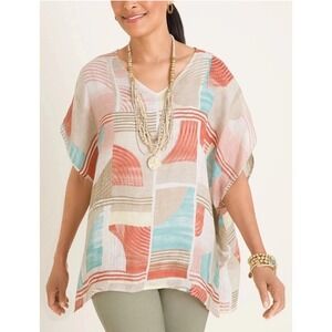 Chico's Geometric Block Print Linen Blouse Size L/XL Boxy Oversize Lightweight